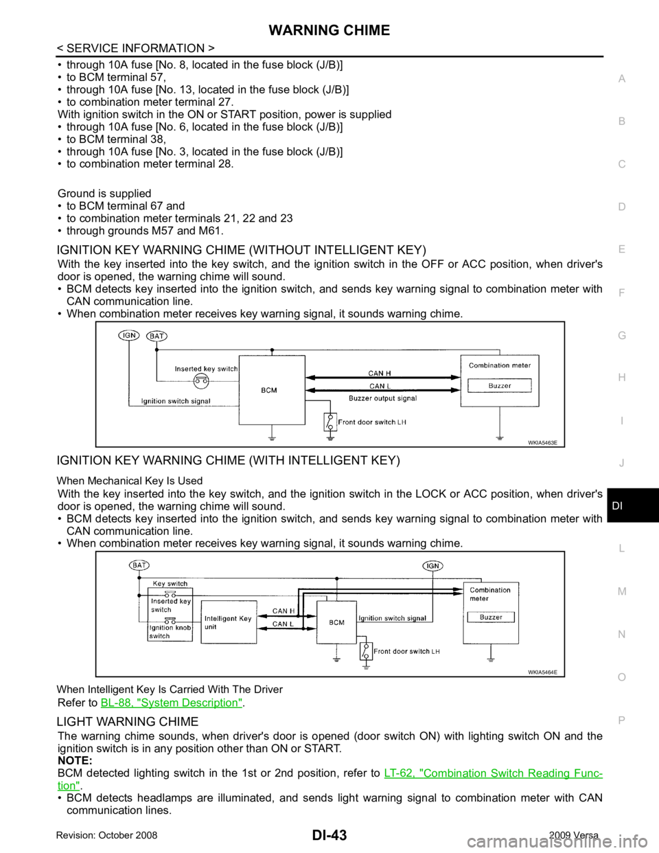 NISSAN LATIO 2009  Service Repair Manual DI
N
O P
• through 10A fuse [No. 8, located in the fuse block (J/B)]
• to BCM terminal 57,
• through 10A fuse [No. 13, located in the fuse block (J/B)] 
• to combination meter terminal 27.
Wit