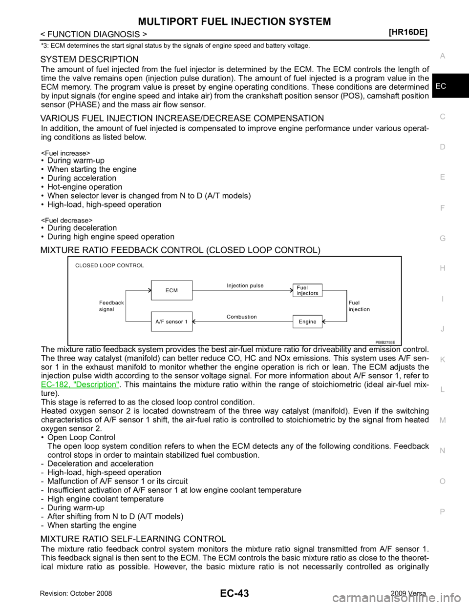 NISSAN LATIO 2009  Service Repair Manual EC
NP
O
*3: ECM determines the start signal status by the signals of engine speed and battery voltage.
SYSTEM DESCRIPTION The amount of fuel injected from the fuel injector is  determined by the ECM. 