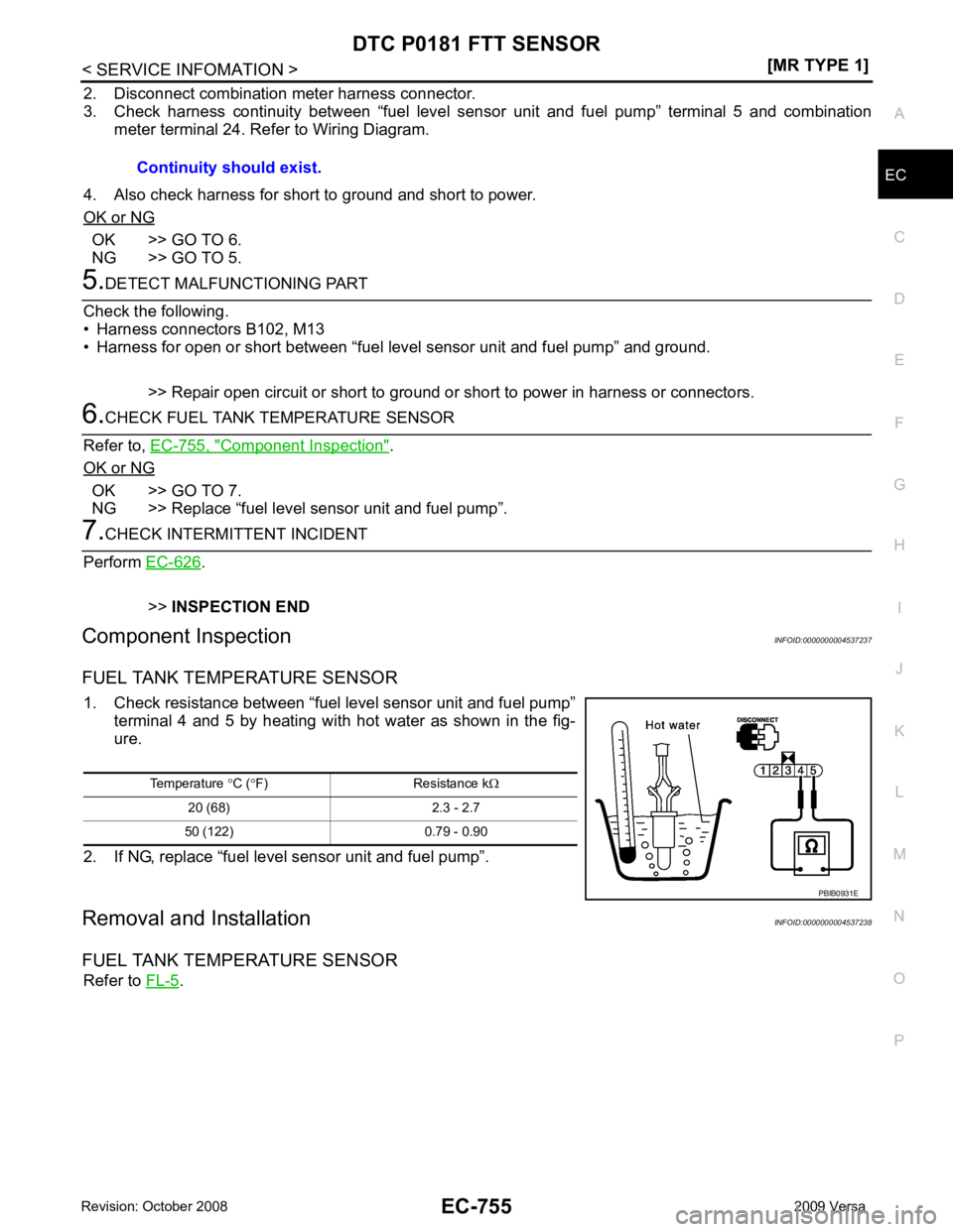 NISSAN LATIO 2009  Service Repair Manual DTC P0181 FTT SENSOR
EC-755
< SERVICE INFOMATION >
[MR TYPE 1] C
D E
F
G H
I
J
K L
M A EC
NP
O
2. Disconnect combination meter harness connector.
3. Check  harness  continuity  between  “fuel  level