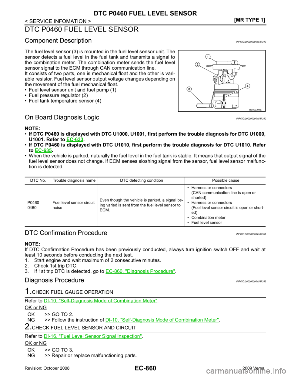 NISSAN LATIO 2009  Service Repair Manual EC-860< SERVICE INFOMATION >
[MR TYPE 1]
DTC P0460 FUEL LEVEL SENSOR
DTC P0460 FUEL LEVEL SENSOR
Component Description INFOID:0000000004537349
The fuel level sensor (3) is mounted  in the fuel level s