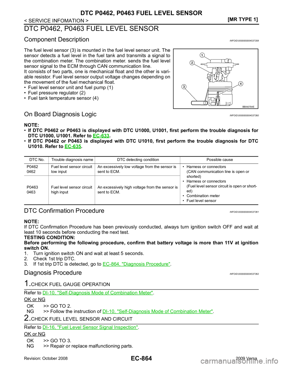 NISSAN LATIO 2009  Service Repair Manual EC-864< SERVICE INFOMATION >
[MR TYPE 1]
DTC P0462, P0463 
FUEL LEVEL SENSOR
DTC P0462, P0463 FUEL LEVEL SENSOR
Component Description INFOID:0000000004537359
The fuel level sensor (3) is mounted  in t