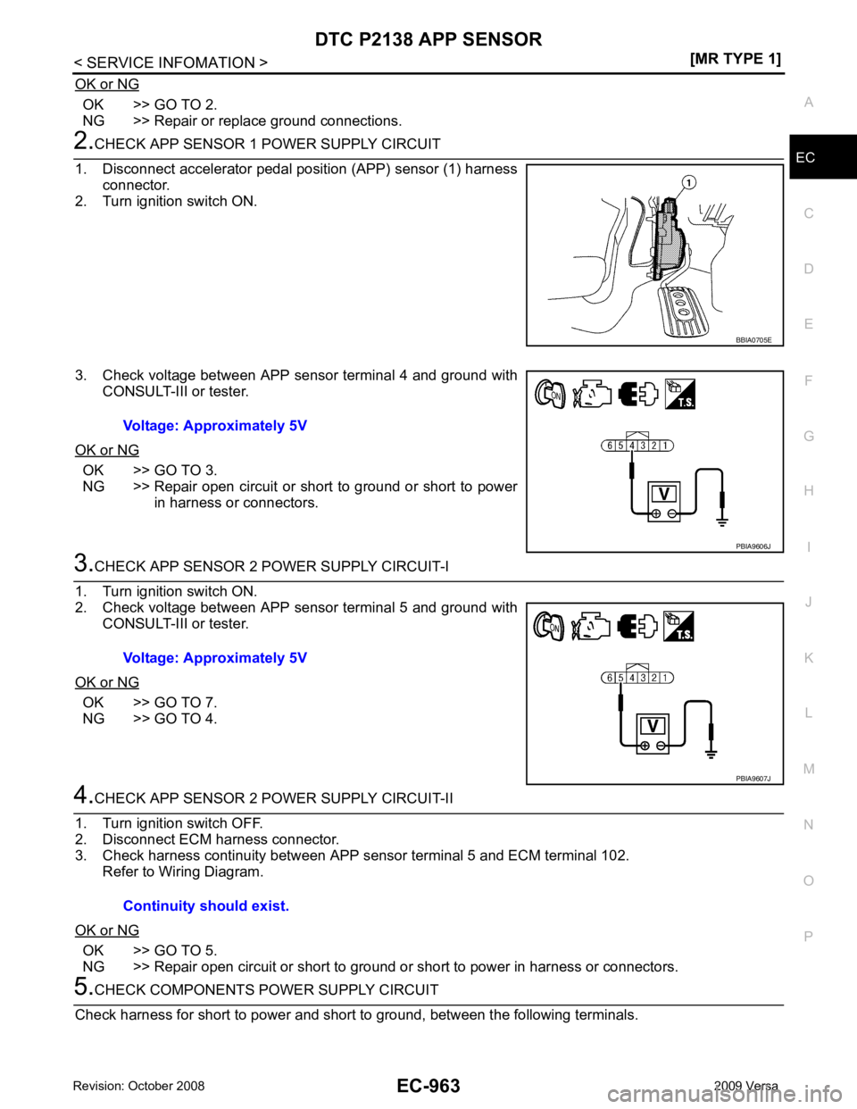 NISSAN LATIO 2009  Service Repair Manual DTC P2138 APP SENSOR
EC-963
< SERVICE INFOMATION >
[MR TYPE 1] C
D E
F
G H
I
J
K L
M A EC
NP
O
OK or NG OK >> GO TO 2.
NG >> Repair or replace ground connections. 2.
CHECK APP SENSOR 1 POWER SUPPLY CI