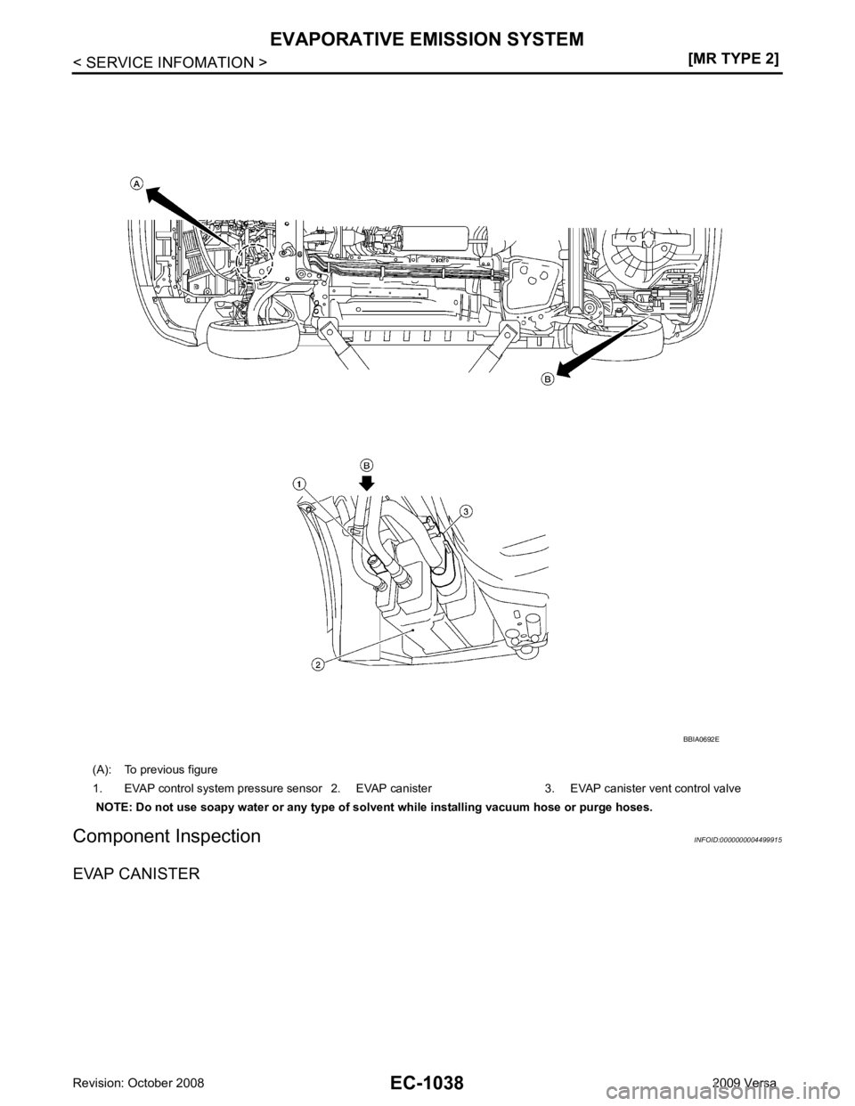 NISSAN LATIO 2009  Service Repair Manual EC-1038< SERVICE INFOMATION >
[MR TYPE 2]
EVAPORATIVE EMISSION SYSTEM
Component Inspection INFOID:0000000004499915
EVAP CANISTER (A): To previous figure
1. EVAP control system pressure sensor 2. EVAP 