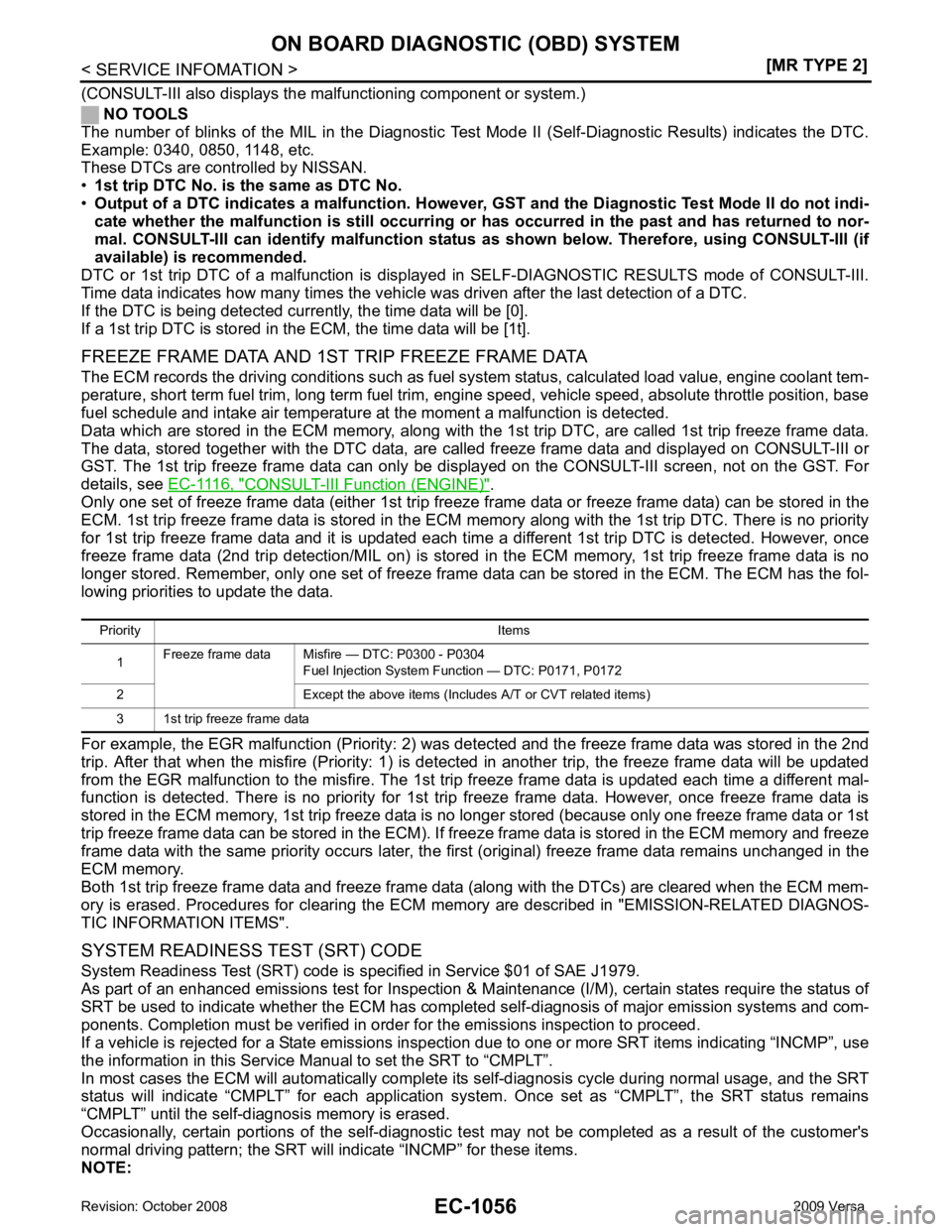 NISSAN LATIO 2009  Service Repair Manual CONSULT-III Function (ENGINE) " .
Only one set of freeze frame data (either 1st trip freez e frame data or freeze frame data) can be stored in the
ECM. 1st trip freeze frame data is stored in the ECM 