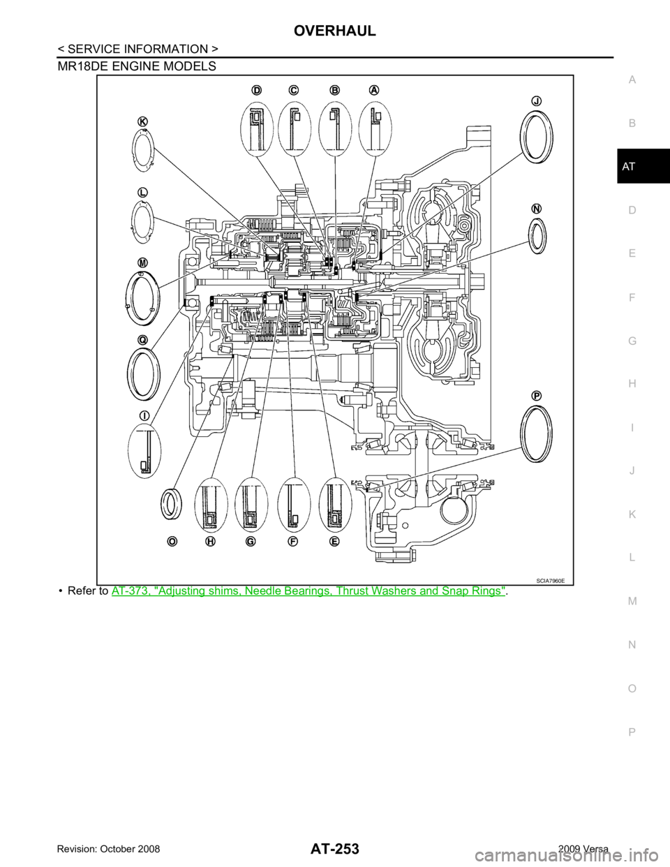 NISSAN LATIO 2009  Service Repair Manual AT
N
O P
MR18DE ENGINE MODELS
• Refer to  AT-373, " Adjusting shims, Needle Bearings, Thrust Washers and Snap Rings " . 