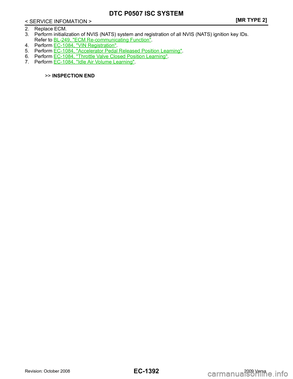 NISSAN LATIO 2009  Service Repair Manual ECM Re-communicating Function " .
4. Perform  EC-1084, " VIN Registration " .
5. Perform  EC-1084, " Accelerator Pedal Released Position Learning " .
6. Perform  EC-1084, " Throttle Valve Closed Posit