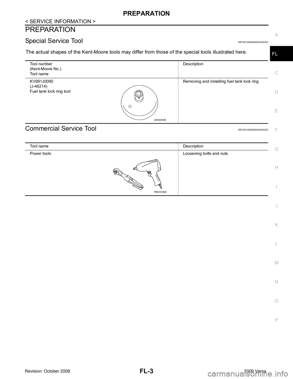 NISSAN LATIO 2009  Service Repair Manual PREPARATION
FL-3
< SERVICE INFORMATION >
C
D E
F
G H
I
J
K L
M A FL
NP
O
PREPARATION
Special Service Tool INFOID:0000000004305252
The actual shapes of the Kent-Moore  tools may differ from those of th