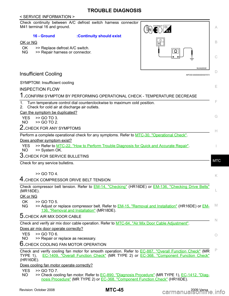 NISSAN LATIO 2009 Service Repair Manual MTC
N
O P
Check continuity between A/C def
rost switch harness connector
M41 terminal 16 and ground.
OK or NG OK >> Replace defrost A/C switch.
NG >> Repair harness or connector.
Insufficient NISSAN LATIO 2009 Service Repair Manual MTC
N
O P
Check continuity between A/C def
rost switch harness connector
M41 terminal 16 and ground.
OK or NG OK >> Replace defrost A/C switch.
NG >> Repair harness or connector.
Insufficient