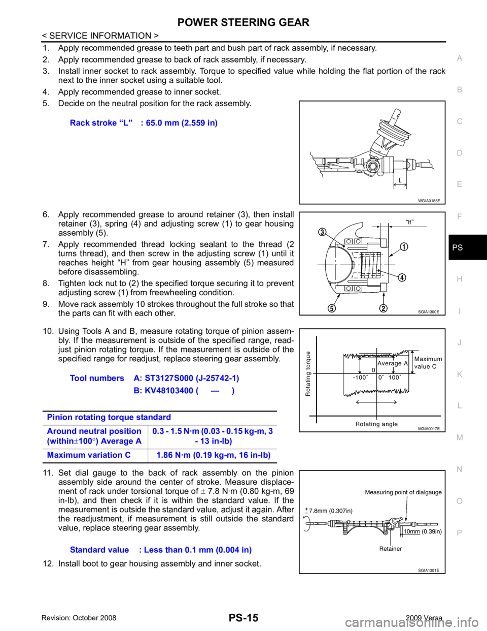 NISSAN LATIO 2009  Service Repair Manual PS
N
O P
1. Apply recommended grease to teeth part and bush part of rack assembly, if necessary.
2. Apply recommended grease to back of  rack assembly, if necessary.
3. Install  inner  socket  to  rac