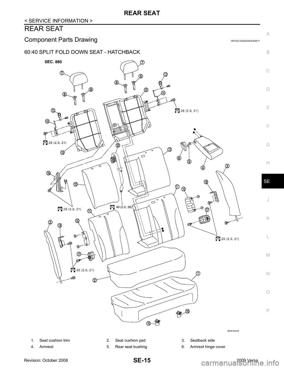 NISSAN LATIO 2009  Service Repair Manual SE
N
O P
REAR SEAT
Component Parts Drawing INFOID:0000000004306511
60:40 SPLIT FOLD DOWN SEAT - HATCHBACK 