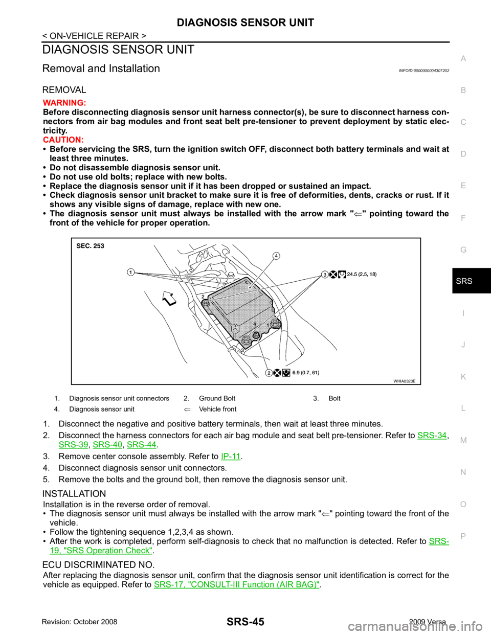 NISSAN LATIO 2009  Service Repair Manual SRS
N
O P
DIAGNOSIS SENSOR UNIT
Removal and Installation INFOID:0000000004307202
REMOVAL WARNING:
Before disconnecting diagnosis sensor unit harness  connector(s), be sure to disconnect harness con-
n