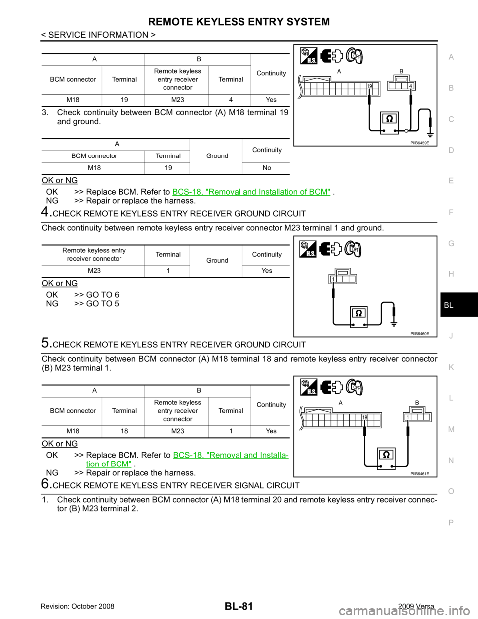 NISSAN LATIO 2009  Service Repair Manual BL
N
O P
3. Check  continuity  between  BCM  connector  (A)  M18  terminal  19
and ground.
OK or NG OK >> Replace BCM. Refer to 
BCS-18, " Removal and Installation of BCM "  .
NG >> Repair or replace 