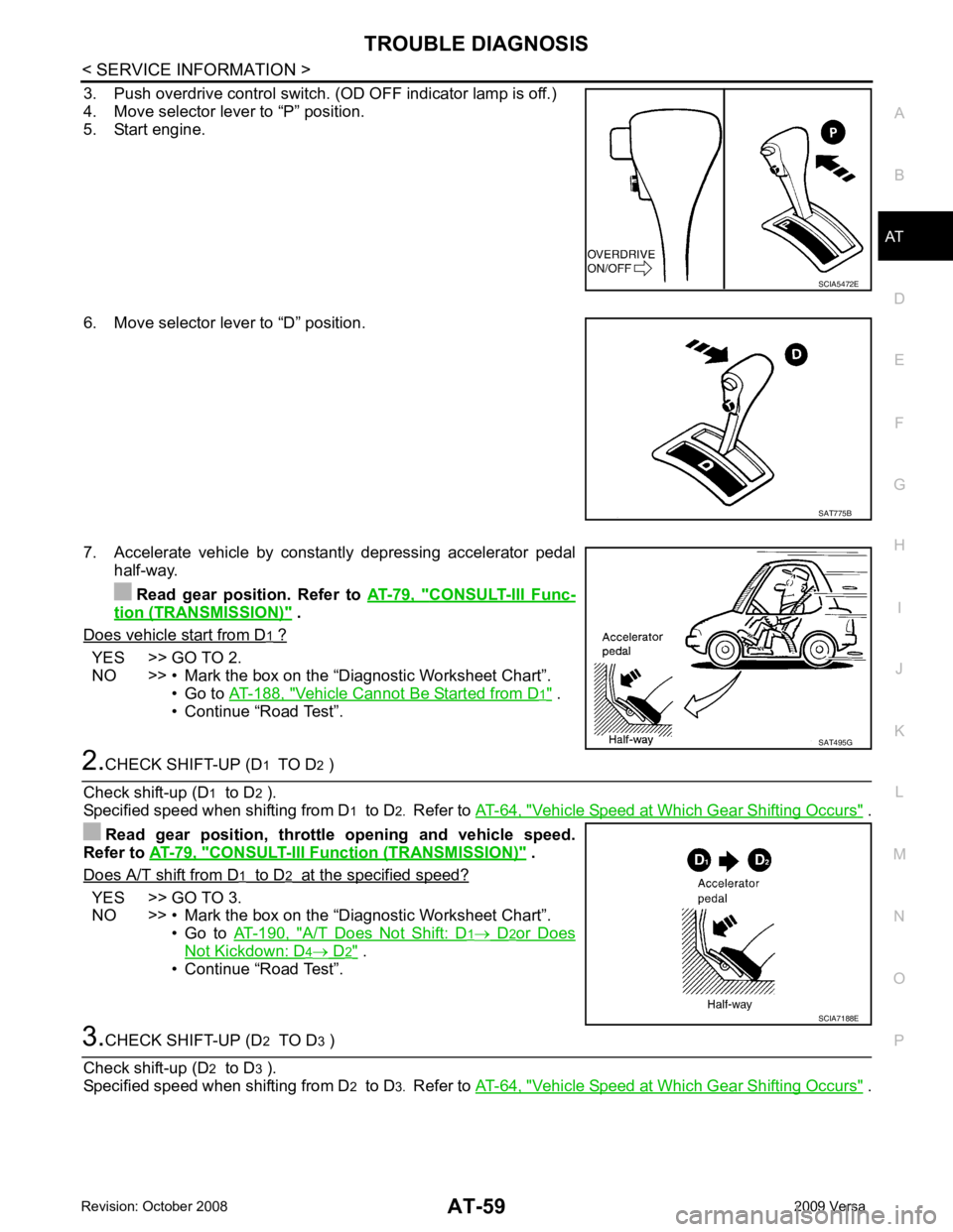 NISSAN LATIO 2009  Service Repair Manual AT
N
O P
3. Push overdrive control switch. (OD OFF indicator lamp is off.) 
4. Move selector lever to “P” position.
5. Start engine.
6. Move selector lever to “D” position. 
7. Accelerate  veh