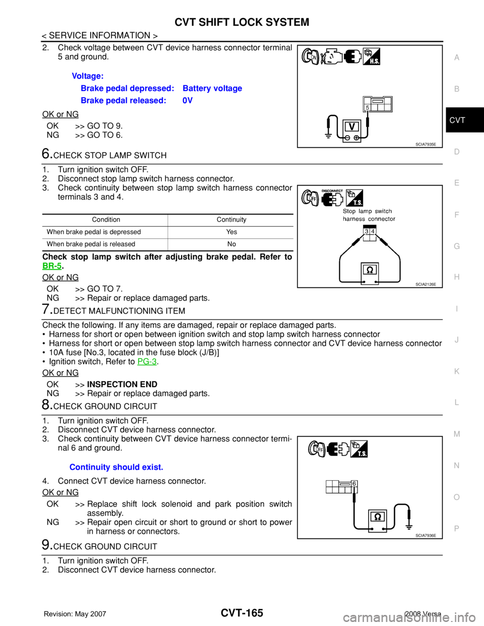 NISSAN LATIO 2008 Service Repair Manual CVT SHIFT LOCK SYSTEM
CVT-165
< SERVICE INFORMATION >
D
E
F
G
H
I
J
K
L
MA
B
CVT
N
O
P
2. Check voltage between CVT device harness connector terminal
5 and ground.
OK or NG
OK >> GO TO 9.
NG >> GO TO NISSAN LATIO 2008 Service Repair Manual CVT SHIFT LOCK SYSTEM
CVT-165
< SERVICE INFORMATION >
D
E
F
G
H
I
J
K
L
MA
B
CVT
N
O
P
2. Check voltage between CVT device harness connector terminal
5 and ground.
OK or NG
OK >> GO TO 9.
NG >> GO TO