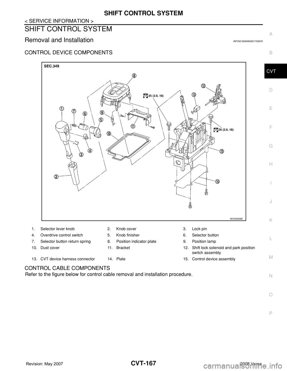 NISSAN LATIO 2008  Service Repair Manual SHIFT CONTROL SYSTEM
CVT-167
< SERVICE INFORMATION >
D
E
F
G
H
I
J
K
L
MA
B
CVT
N
O
P
SHIFT CONTROL SYSTEM
Removal and InstallationINFOID:0000000001703679
CONTROL DEVICE COMPONENTS
CONTROL CABLE COMPO
