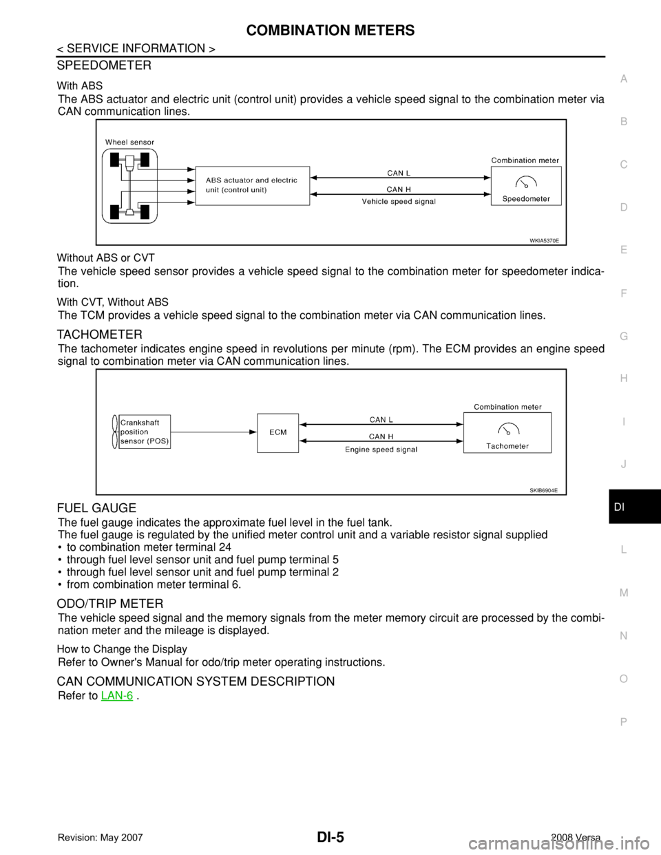 NISSAN LATIO 2008 Service Repair Manual COMBINATION METERS
DI-5
< SERVICE INFORMATION >
C
D
E
F
G
H
I
J
L
MA
B
DI
N
O
P
SPEEDOMETER
With ABS
The ABS actuator and electric unit (control unit) provides a vehicle speed signal to the combinatio NISSAN LATIO 2008 Service Repair Manual COMBINATION METERS
DI-5
< SERVICE INFORMATION >
C
D
E
F
G
H
I
J
L
MA
B
DI
N
O
P
SPEEDOMETER
With ABS
The ABS actuator and electric unit (control unit) provides a vehicle speed signal to the combinatio