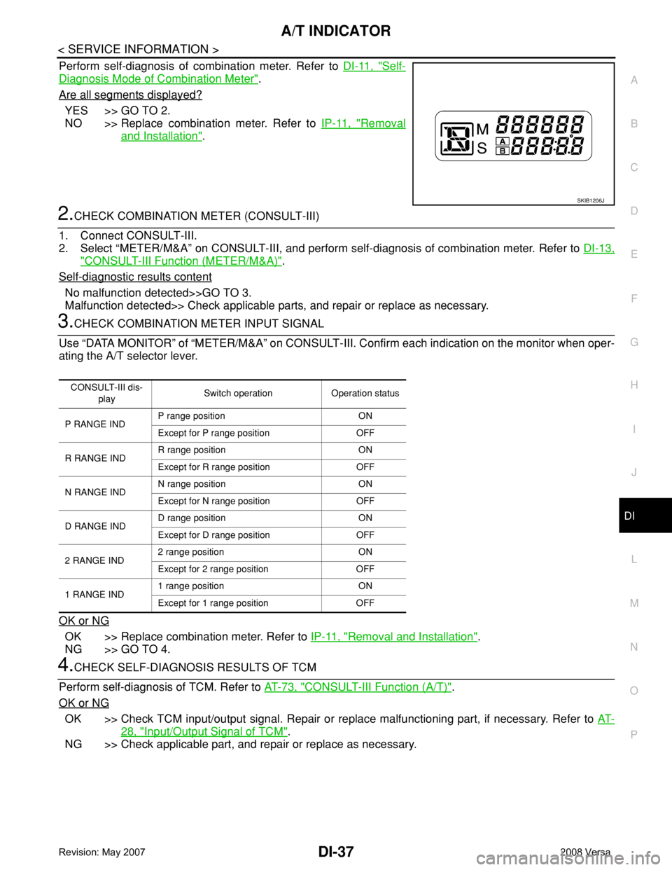NISSAN LATIO 2008 Service Repair Manual A/T INDICATOR
DI-37
< SERVICE INFORMATION >
C
D
E
F
G
H
I
J
L
MA
B
DI
N
O
P
Perform self-diagnosis of combination meter. Refer to DI-11, "Self-
Diagnosis Mode of Combination Meter".
Are all se NISSAN LATIO 2008 Service Repair Manual A/T INDICATOR
DI-37
< SERVICE INFORMATION >
C
D
E
F
G
H
I
J
L
MA
B
DI
N
O
P
Perform self-diagnosis of combination meter. Refer to DI-11, "Self-
Diagnosis Mode of Combination Meter".
Are all se