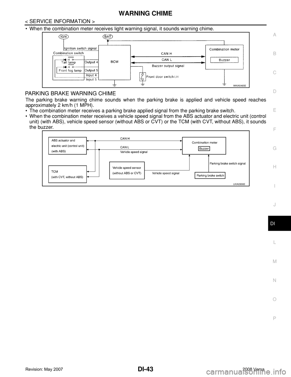 NISSAN LATIO 2008  Service Repair Manual WARNING CHIME
DI-43
< SERVICE INFORMATION >
C
D
E
F
G
H
I
J
L
MA
B
DI
N
O
P
• When the combination meter receives light warning signal, it sounds warning chime.
PARKING BRAKE WARNING CHIME
The parki