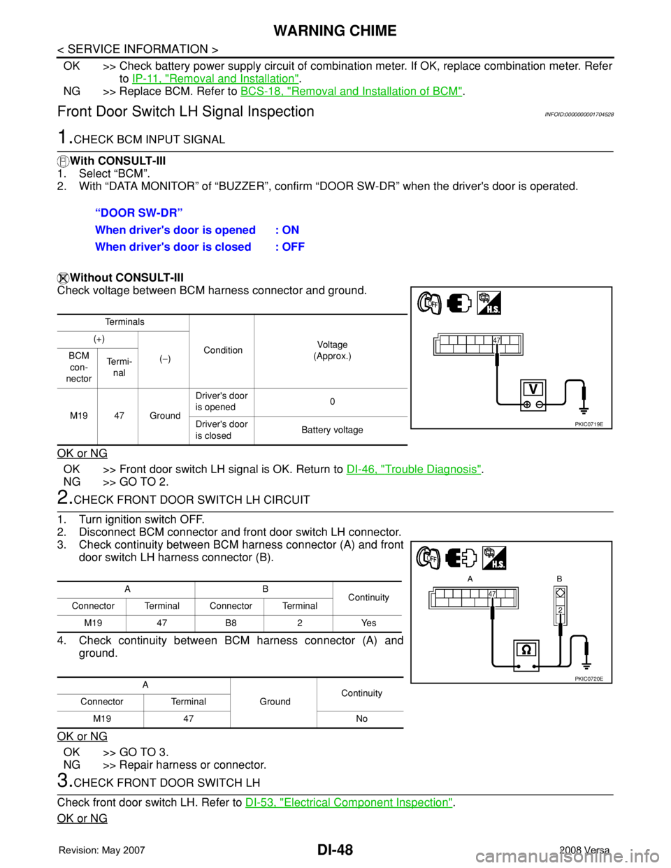 NISSAN LATIO 2008 Service Repair Manual DI-48
< SERVICE INFORMATION >
WARNING CHIME
OK >> Check battery power supply circuit of combination meter. If OK, replace combination meter. Refer
to IP-11, "
Removal and Installation".
NG >> NISSAN LATIO 2008 Service Repair Manual DI-48
< SERVICE INFORMATION >
WARNING CHIME
OK >> Check battery power supply circuit of combination meter. If OK, replace combination meter. Refer
to IP-11, "
Removal and Installation".
NG >>