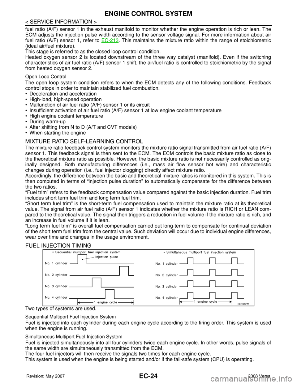 NISSAN LATIO 2008 Service Repair Manual EC-24
< SERVICE INFORMATION >
ENGINE CONTROL SYSTEM
fuel ratio (A/F) sensor 1 in the exhaust manifold to monitor whether the engine operation is rich or lean. The
ECM adjusts the injection pulse width NISSAN LATIO 2008 Service Repair Manual EC-24
< SERVICE INFORMATION >
ENGINE CONTROL SYSTEM
fuel ratio (A/F) sensor 1 in the exhaust manifold to monitor whether the engine operation is rich or lean. The
ECM adjusts the injection pulse width