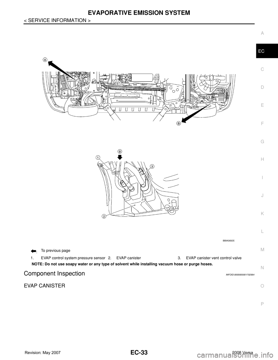 NISSAN LATIO 2008  Service Repair Manual EVAPORATIVE EMISSION SYSTEM
EC-33
< SERVICE INFORMATION >
C
D
E
F
G
H
I
J
K
L
MA
EC
N
P O
Component InspectionINFOID:0000000001702564
EVAP CANISTER
:To previous page
1. EVAP control system pressure se