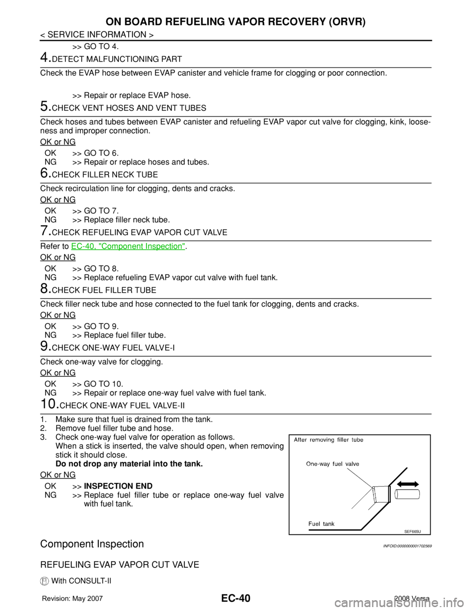 NISSAN LATIO 2008 Service Repair Manual EC-40
< SERVICE INFORMATION >
ON BOARD REFUELING VAPOR RECOVERY (ORVR)
>> GO TO 4.
4.DETECT MALFUNCTIONING PART
Check the EVAP hose between EVAP canister and vehicle frame for clogging or poor connect NISSAN LATIO 2008 Service Repair Manual EC-40
< SERVICE INFORMATION >
ON BOARD REFUELING VAPOR RECOVERY (ORVR)
>> GO TO 4.
4.DETECT MALFUNCTIONING PART
Check the EVAP hose between EVAP canister and vehicle frame for clogging or poor connect