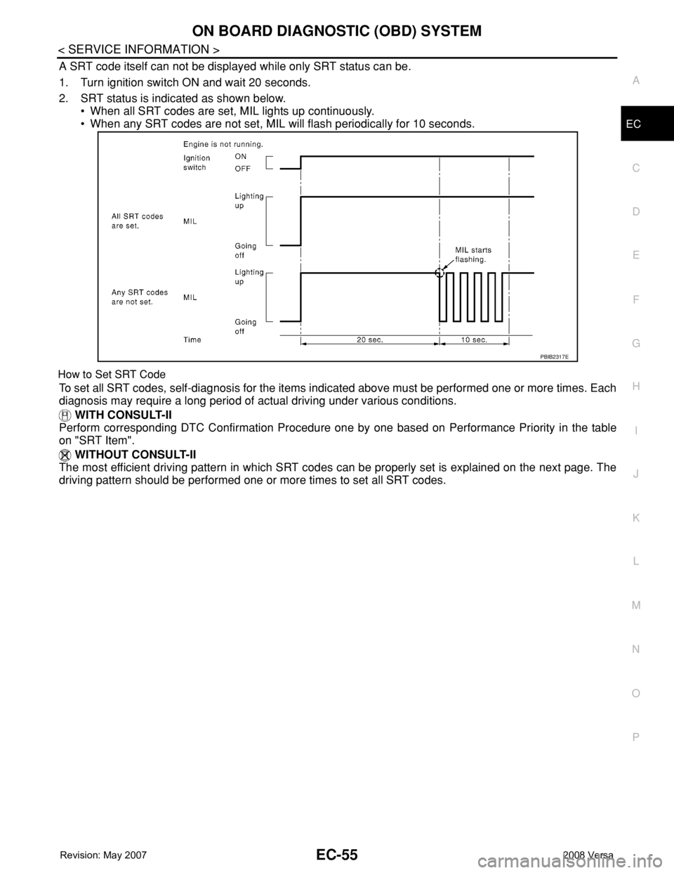 NISSAN LATIO 2008  Service Repair Manual ON BOARD DIAGNOSTIC (OBD) SYSTEM
EC-55
< SERVICE INFORMATION >
C
D
E
F
G
H
I
J
K
L
MA
EC
N
P O
A SRT code itself can not be displayed while only SRT status can be.
1. Turn ignition switch ON and wait 
