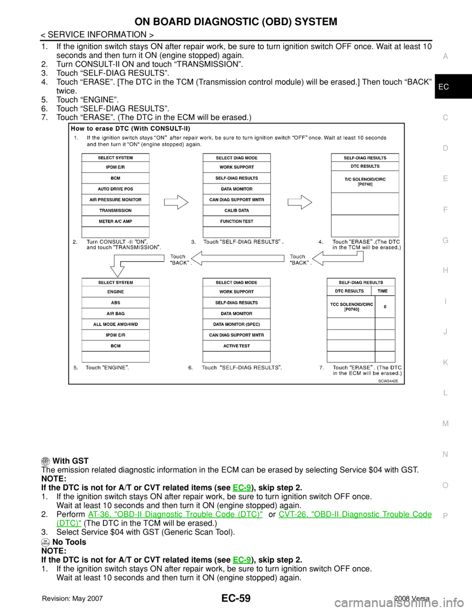 NISSAN LATIO 2008 Service Repair Manual ON BOARD DIAGNOSTIC (OBD) SYSTEM
EC-59
< SERVICE INFORMATION >
C
D
E
F
G
H
I
J
K
L
MA
EC
N
P O
1. If the ignition switch stays ON after repair work, be sure to turn ignition switch OFF once. Wait at l NISSAN LATIO 2008 Service Repair Manual ON BOARD DIAGNOSTIC (OBD) SYSTEM
EC-59
< SERVICE INFORMATION >
C
D
E
F
G
H
I
J
K
L
MA
EC
N
P O
1. If the ignition switch stays ON after repair work, be sure to turn ignition switch OFF once. Wait at l