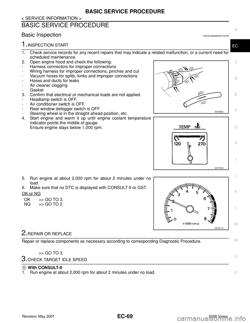 NISSAN LATIO 2008 Service Repair Manual BASIC SERVICE PROCEDURE
EC-69
< SERVICE INFORMATION >
C
D
E
F
G
H
I
J
K
L
MA
EC
N
P O
BASIC SERVICE PROCEDURE
Basic InspectionINFOID:0000000001702578
1.INSPECTION START
1. Check service records for an NISSAN LATIO 2008 Service Repair Manual BASIC SERVICE PROCEDURE
EC-69
< SERVICE INFORMATION >
C
D
E
F
G
H
I
J
K
L
MA
EC
N
P O
BASIC SERVICE PROCEDURE
Basic InspectionINFOID:0000000001702578
1.INSPECTION START
1. Check service records for an