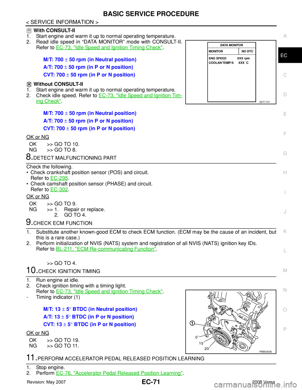 NISSAN LATIO 2008 Service Repair Manual BASIC SERVICE PROCEDURE
EC-71
< SERVICE INFORMATION >
C
D
E
F
G
H
I
J
K
L
MA
EC
N
P O
With CONSULT-II
1. Start engine and warm it up to normal operating temperature.
2. Read idle speed in “DATA MON NISSAN LATIO 2008 Service Repair Manual BASIC SERVICE PROCEDURE
EC-71
< SERVICE INFORMATION >
C
D
E
F
G
H
I
J
K
L
MA
EC
N
P O
With CONSULT-II
1. Start engine and warm it up to normal operating temperature.
2. Read idle speed in “DATA MON