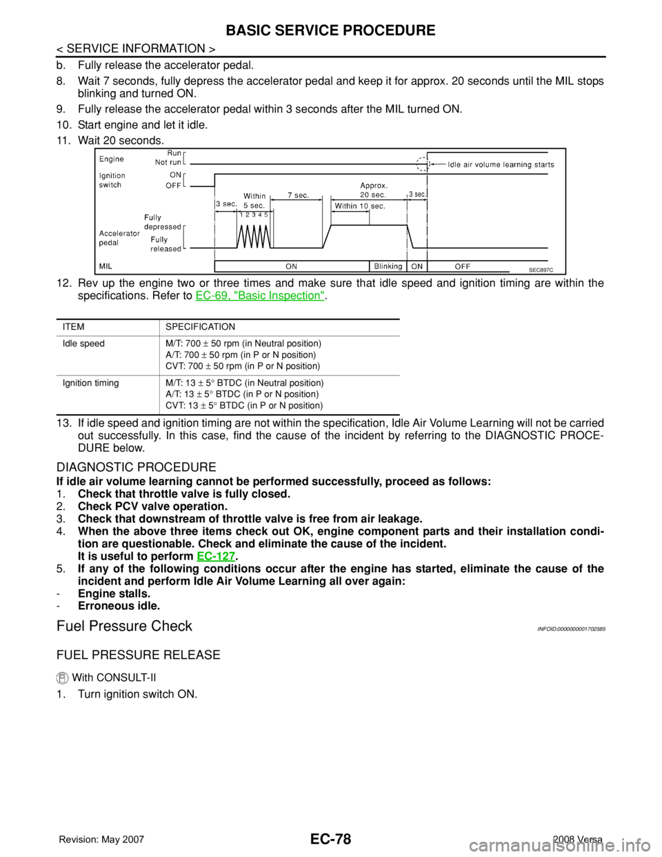 NISSAN LATIO 2008 Service Repair Manual EC-78
< SERVICE INFORMATION >
BASIC SERVICE PROCEDURE
b. Fully release the accelerator pedal.
8. Wait 7 seconds, fully depress the accelerator pedal and keep it for approx. 20 seconds until the MIL st NISSAN LATIO 2008 Service Repair Manual EC-78
< SERVICE INFORMATION >
BASIC SERVICE PROCEDURE
b. Fully release the accelerator pedal.
8. Wait 7 seconds, fully depress the accelerator pedal and keep it for approx. 20 seconds until the MIL st
