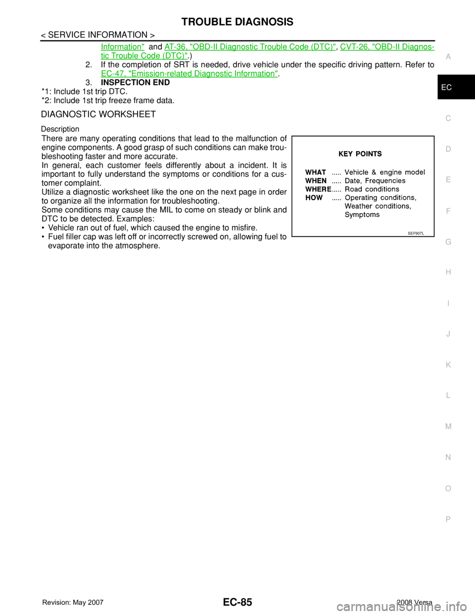 NISSAN LATIO 2008 Service Repair Manual TROUBLE DIAGNOSIS
EC-85
< SERVICE INFORMATION >
C
D
E
F
G
H
I
J
K
L
MA
EC
N
P O
Information" and AT-36, "OBD-II Diagnostic Trouble Code (DTC)", CVT-26, "OBD-II Diagnos-
tic Trouble Co NISSAN LATIO 2008 Service Repair Manual TROUBLE DIAGNOSIS
EC-85
< SERVICE INFORMATION >
C
D
E
F
G
H
I
J
K
L
MA
EC
N
P O
Information" and AT-36, "OBD-II Diagnostic Trouble Code (DTC)", CVT-26, "OBD-II Diagnos-
tic Trouble Co