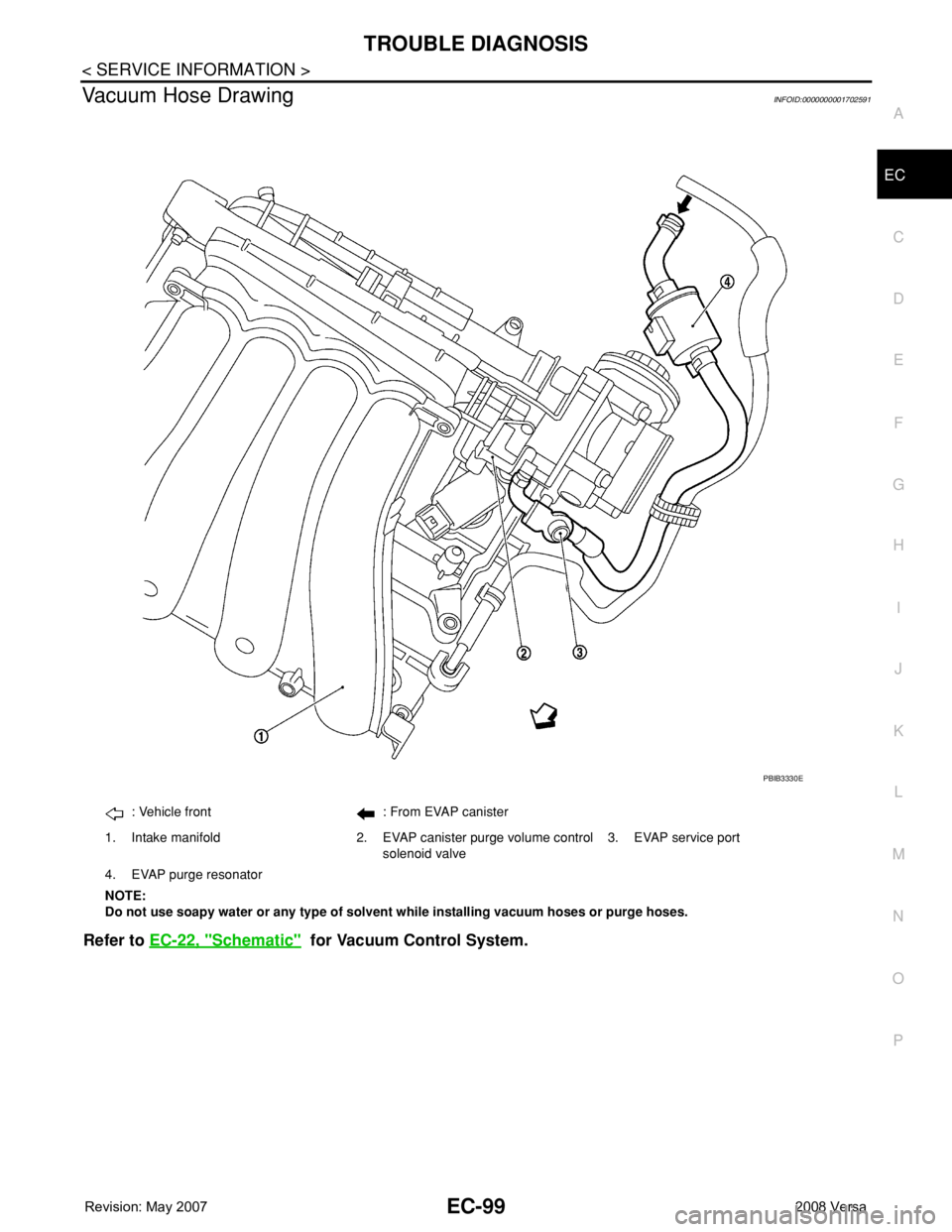 NISSAN LATIO 2008  Service Repair Manual TROUBLE DIAGNOSIS
EC-99
< SERVICE INFORMATION >
C
D
E
F
G
H
I
J
K
L
MA
EC
N
P O
Vacuum Hose DrawingINFOID:0000000001702591
Refer to EC-22, "Schematic"  for Vacuum Control System.
: Vehicle fro
