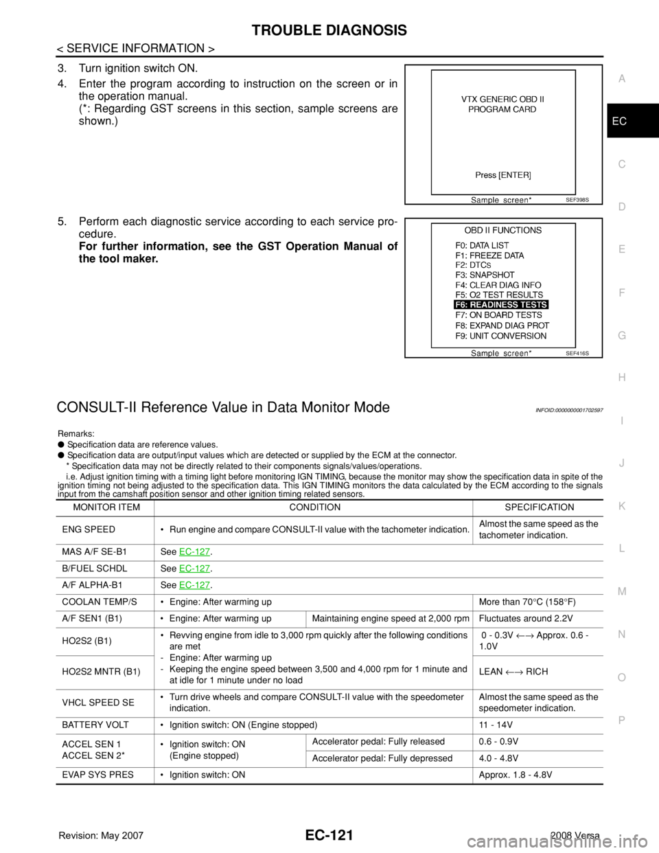NISSAN LATIO 2008 Service Repair Manual TROUBLE DIAGNOSIS
EC-121
< SERVICE INFORMATION >
C
D
E
F
G
H
I
J
K
L
MA
EC
N
P O
3. Turn ignition switch ON.
4. Enter the program according to instruction on the screen or in
the operation manual.
(*: NISSAN LATIO 2008 Service Repair Manual TROUBLE DIAGNOSIS
EC-121
< SERVICE INFORMATION >
C
D
E
F
G
H
I
J
K
L
MA
EC
N
P O
3. Turn ignition switch ON.
4. Enter the program according to instruction on the screen or in
the operation manual.
(*: