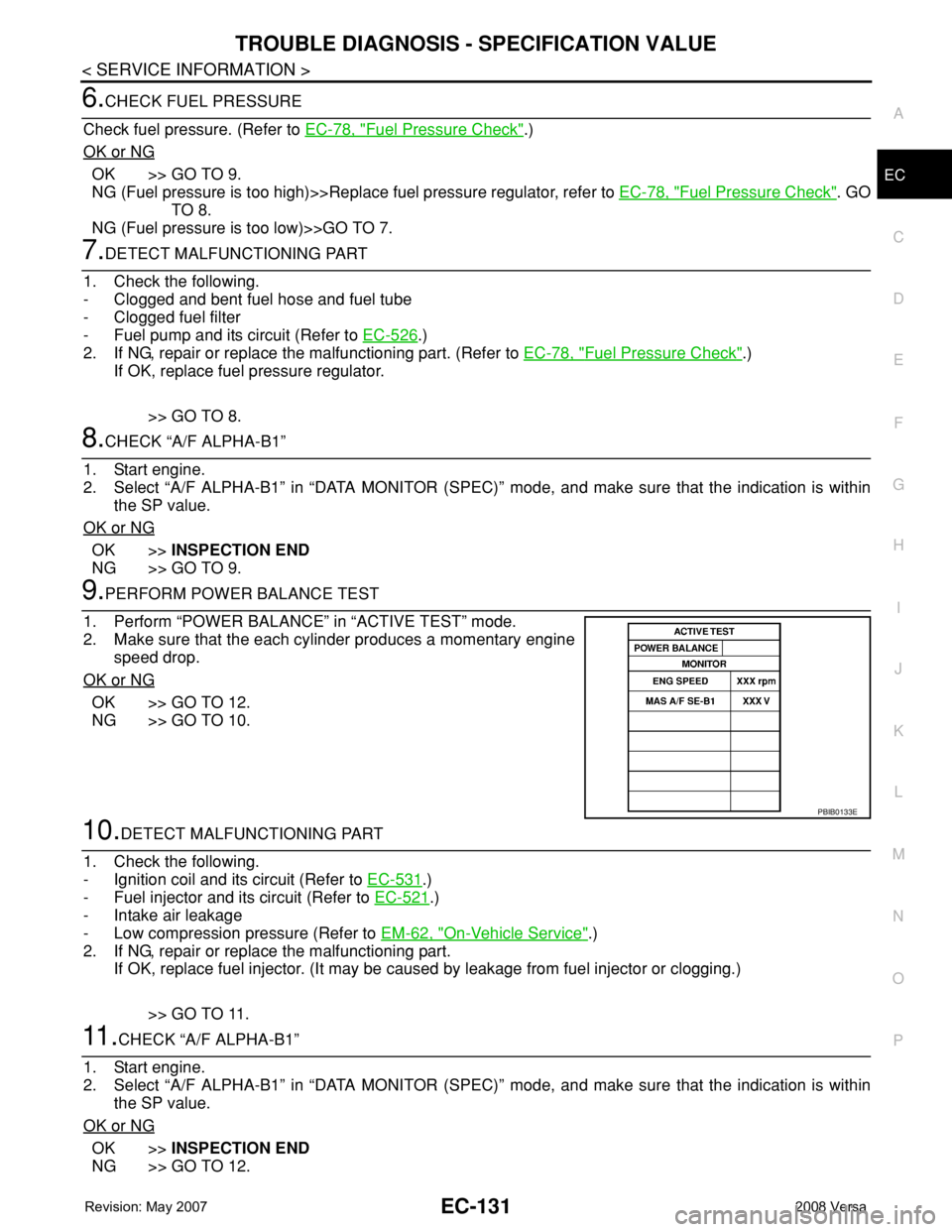 NISSAN LATIO 2008 Service Repair Manual TROUBLE DIAGNOSIS - SPECIFICATION VALUE
EC-131
< SERVICE INFORMATION >
C
D
E
F
G
H
I
J
K
L
MA
EC
N
P O
6.CHECK FUEL PRESSURE
Check fuel pressure. (Refer to EC-78, "
Fuel Pressure Check".)
OK o NISSAN LATIO 2008 Service Repair Manual TROUBLE DIAGNOSIS - SPECIFICATION VALUE
EC-131
< SERVICE INFORMATION >
C
D
E
F
G
H
I
J
K
L
MA
EC
N
P O
6.CHECK FUEL PRESSURE
Check fuel pressure. (Refer to EC-78, "
Fuel Pressure Check".)
OK o