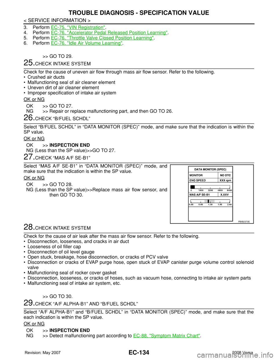 NISSAN LATIO 2008 Service Repair Manual EC-134
< SERVICE INFORMATION >
TROUBLE DIAGNOSIS - SPECIFICATION VALUE
3. Perform EC-75, "VIN Registration".
4. Perform EC-76, "
Accelerator Pedal Released Position Learning".
5. Perfo NISSAN LATIO 2008 Service Repair Manual EC-134
< SERVICE INFORMATION >
TROUBLE DIAGNOSIS - SPECIFICATION VALUE
3. Perform EC-75, "VIN Registration".
4. Perform EC-76, "
Accelerator Pedal Released Position Learning".
5. Perfo