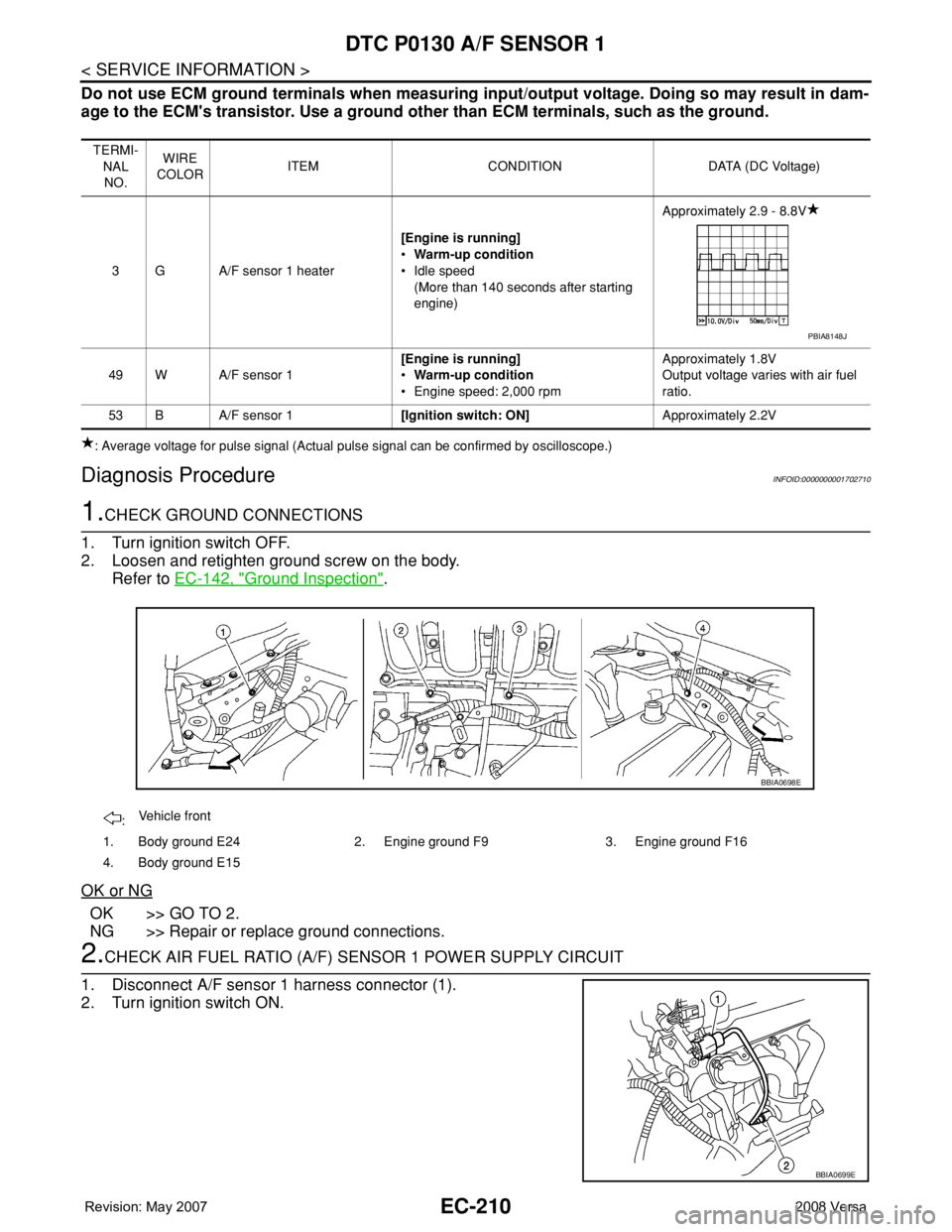 NISSAN LATIO 2008 Service Repair Manual EC-210
< SERVICE INFORMATION >
DTC P0130 A/F SENSOR 1
Do not use ECM ground terminals when measuring input/output voltage. Doing so may result in dam-
age to the ECM's transistor. Use a ground oth NISSAN LATIO 2008 Service Repair Manual EC-210
< SERVICE INFORMATION >
DTC P0130 A/F SENSOR 1
Do not use ECM ground terminals when measuring input/output voltage. Doing so may result in dam-
age to the ECM's transistor. Use a ground oth