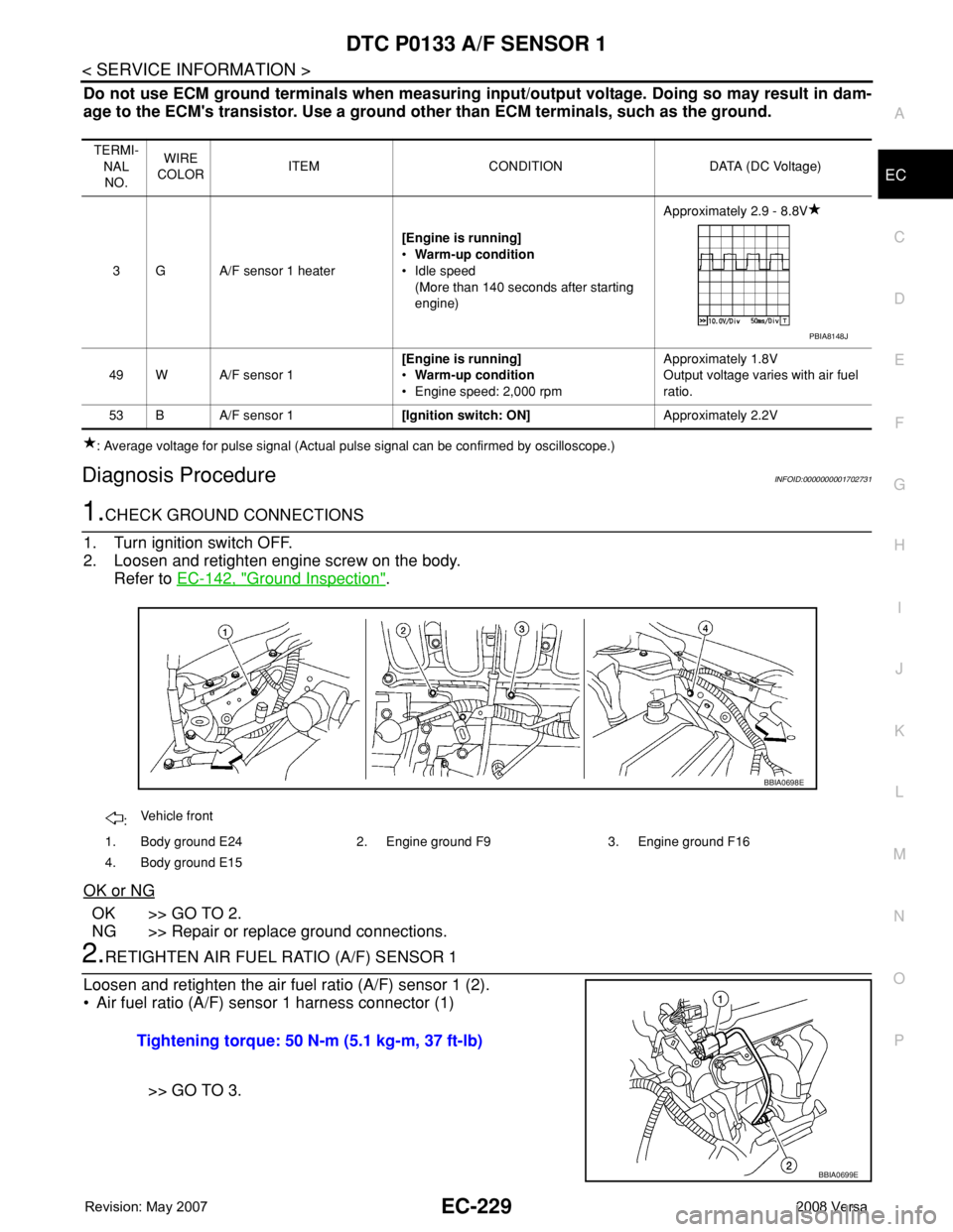 NISSAN LATIO 2008 Service Repair Manual DTC P0133 A/F SENSOR 1
EC-229
< SERVICE INFORMATION >
C
D
E
F
G
H
I
J
K
L
MA
EC
N
P O
Do not use ECM ground terminals when measuring input/output voltage. Doing so may result in dam-
age to the ECM NISSAN LATIO 2008 Service Repair Manual DTC P0133 A/F SENSOR 1
EC-229
< SERVICE INFORMATION >
C
D
E
F
G
H
I
J
K
L
MA
EC
N
P O
Do not use ECM ground terminals when measuring input/output voltage. Doing so may result in dam-
age to the ECM