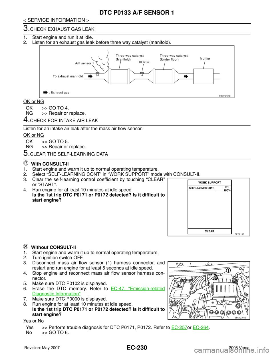 NISSAN LATIO 2008 Service Repair Manual EC-230
< SERVICE INFORMATION >
DTC P0133 A/F SENSOR 1
3.CHECK EXHAUST GAS LEAK
1. Start engine and run it at idle.
2. Listen for an exhaust gas leak before three way catalyst (manifold).
OK or NG
OK > NISSAN LATIO 2008 Service Repair Manual EC-230
< SERVICE INFORMATION >
DTC P0133 A/F SENSOR 1
3.CHECK EXHAUST GAS LEAK
1. Start engine and run it at idle.
2. Listen for an exhaust gas leak before three way catalyst (manifold).
OK or NG
OK >