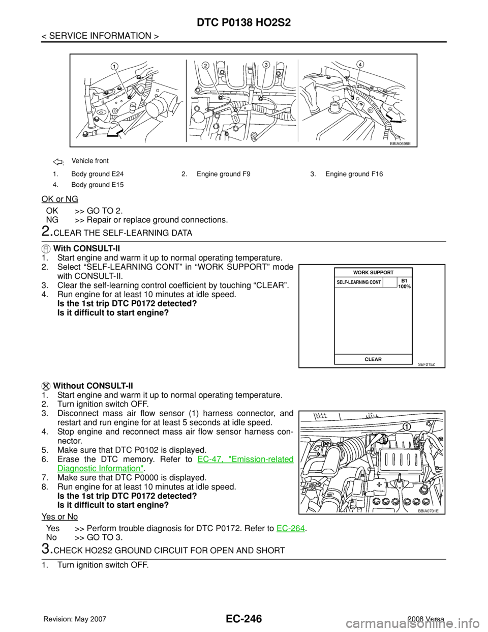 NISSAN LATIO 2008 Service Repair Manual EC-246
< SERVICE INFORMATION >
DTC P0138 HO2S2
OK or NG
OK >> GO TO 2.
NG >> Repair or replace ground connections.
2.CLEAR THE SELF-LEARNING DATA
With CONSULT-II
1. Start engine and warm it up to nor NISSAN LATIO 2008 Service Repair Manual EC-246
< SERVICE INFORMATION >
DTC P0138 HO2S2
OK or NG
OK >> GO TO 2.
NG >> Repair or replace ground connections.
2.CLEAR THE SELF-LEARNING DATA
With CONSULT-II
1. Start engine and warm it up to nor
