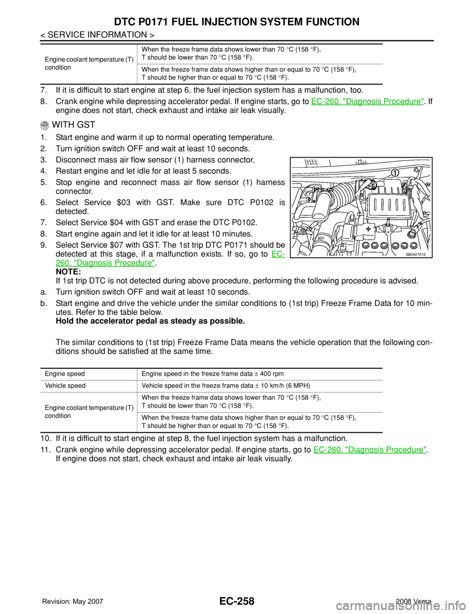 NISSAN LATIO 2008 Service Repair Manual EC-258
< SERVICE INFORMATION >
DTC P0171 FUEL INJECTION SYSTEM FUNCTION
7. If it is difficult to start engine at step 6, the fuel injection system has a malfunction, too.
8. Crank engine while depress NISSAN LATIO 2008 Service Repair Manual EC-258
< SERVICE INFORMATION >
DTC P0171 FUEL INJECTION SYSTEM FUNCTION
7. If it is difficult to start engine at step 6, the fuel injection system has a malfunction, too.
8. Crank engine while depress