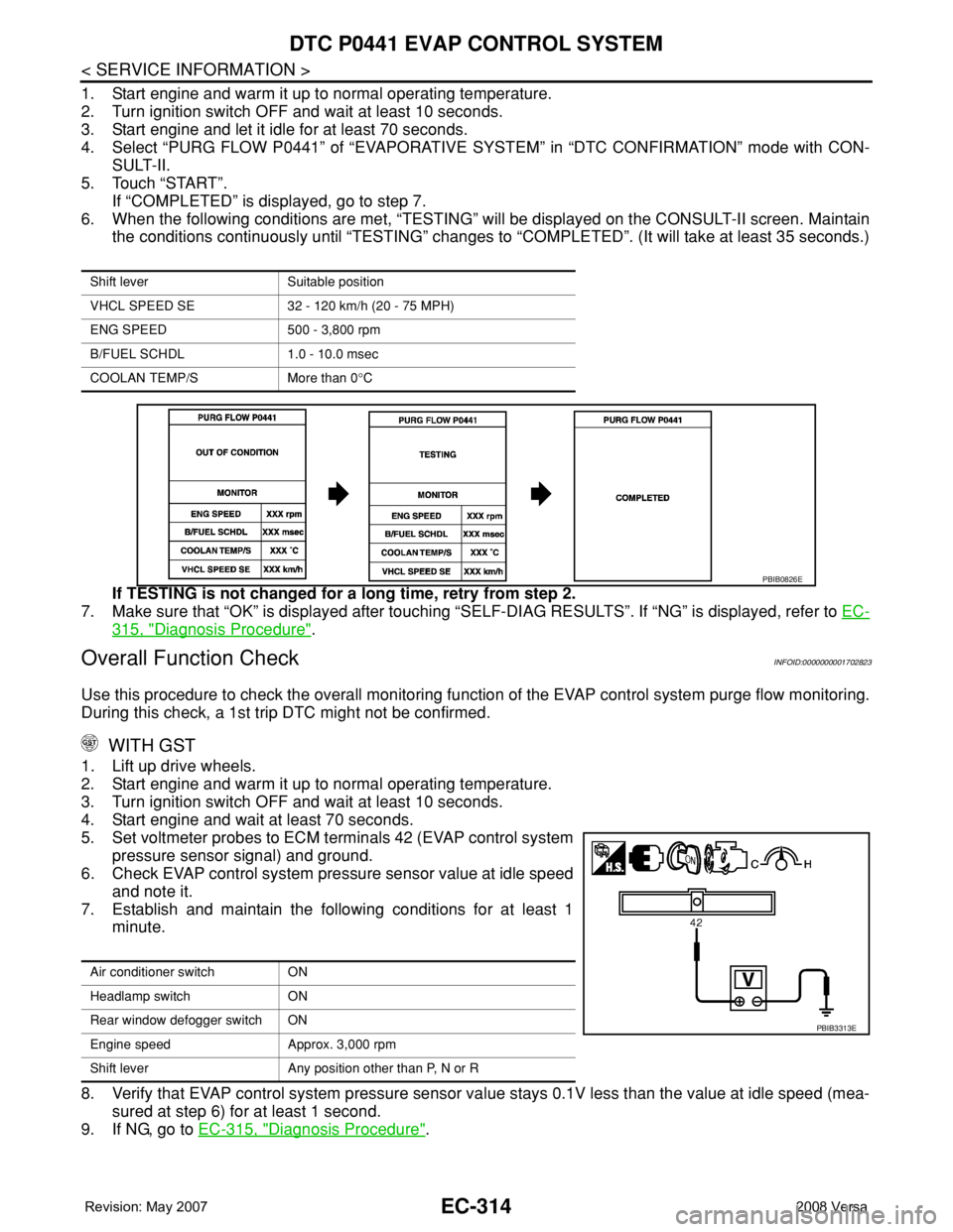 NISSAN LATIO 2008 Service Repair Manual EC-314
< SERVICE INFORMATION >
DTC P0441 EVAP CONTROL SYSTEM
1. Start engine and warm it up to normal operating temperature.
2. Turn ignition switch OFF and wait at least 10 seconds.
3. Start engine a NISSAN LATIO 2008 Service Repair Manual EC-314
< SERVICE INFORMATION >
DTC P0441 EVAP CONTROL SYSTEM
1. Start engine and warm it up to normal operating temperature.
2. Turn ignition switch OFF and wait at least 10 seconds.
3. Start engine a
