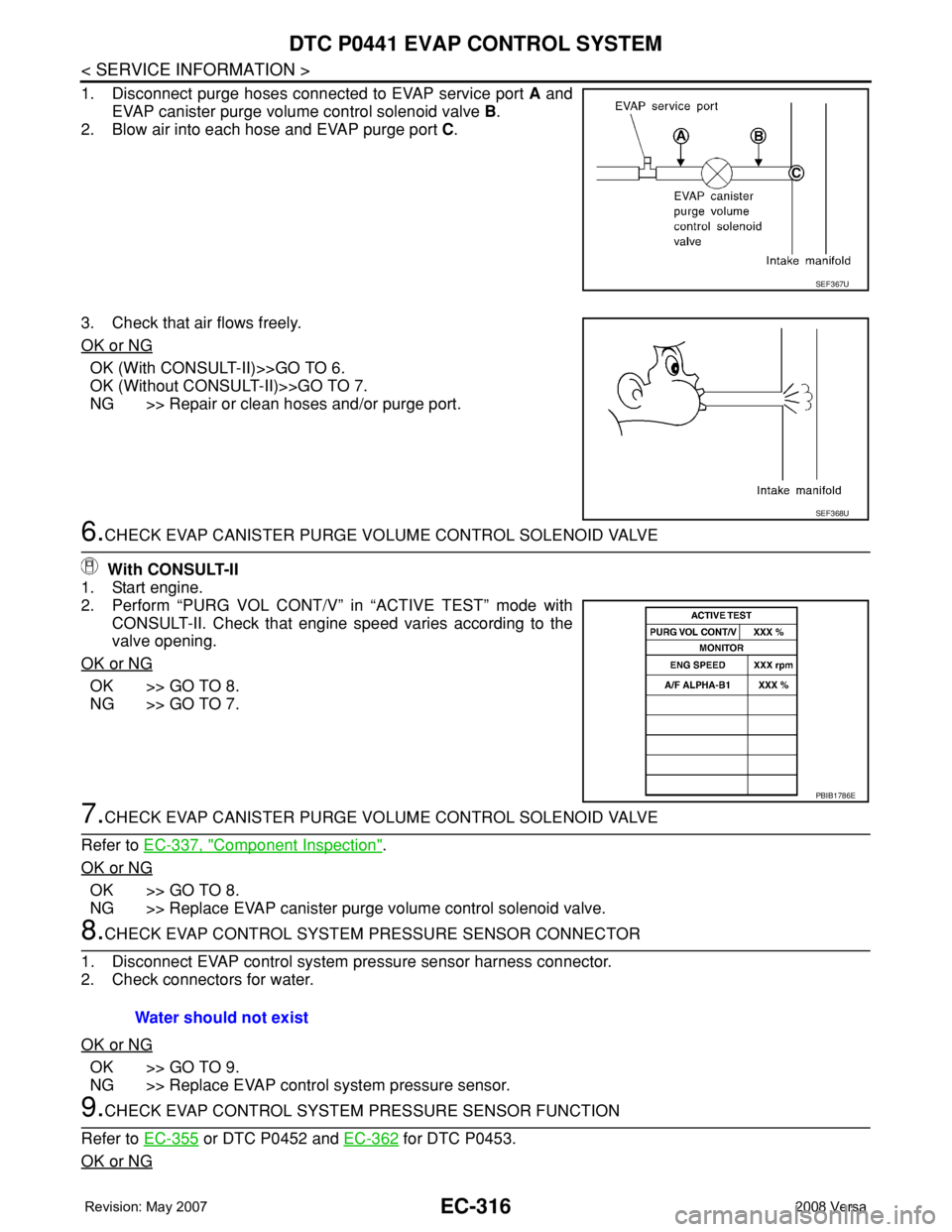 NISSAN LATIO 2008 Service Repair Manual EC-316
< SERVICE INFORMATION >
DTC P0441 EVAP CONTROL SYSTEM
1. Disconnect purge hoses connected to EVAP service port A and
EVAP canister purge volume control solenoid valve B.
2. Blow air into each h NISSAN LATIO 2008 Service Repair Manual EC-316
< SERVICE INFORMATION >
DTC P0441 EVAP CONTROL SYSTEM
1. Disconnect purge hoses connected to EVAP service port A and
EVAP canister purge volume control solenoid valve B.
2. Blow air into each h