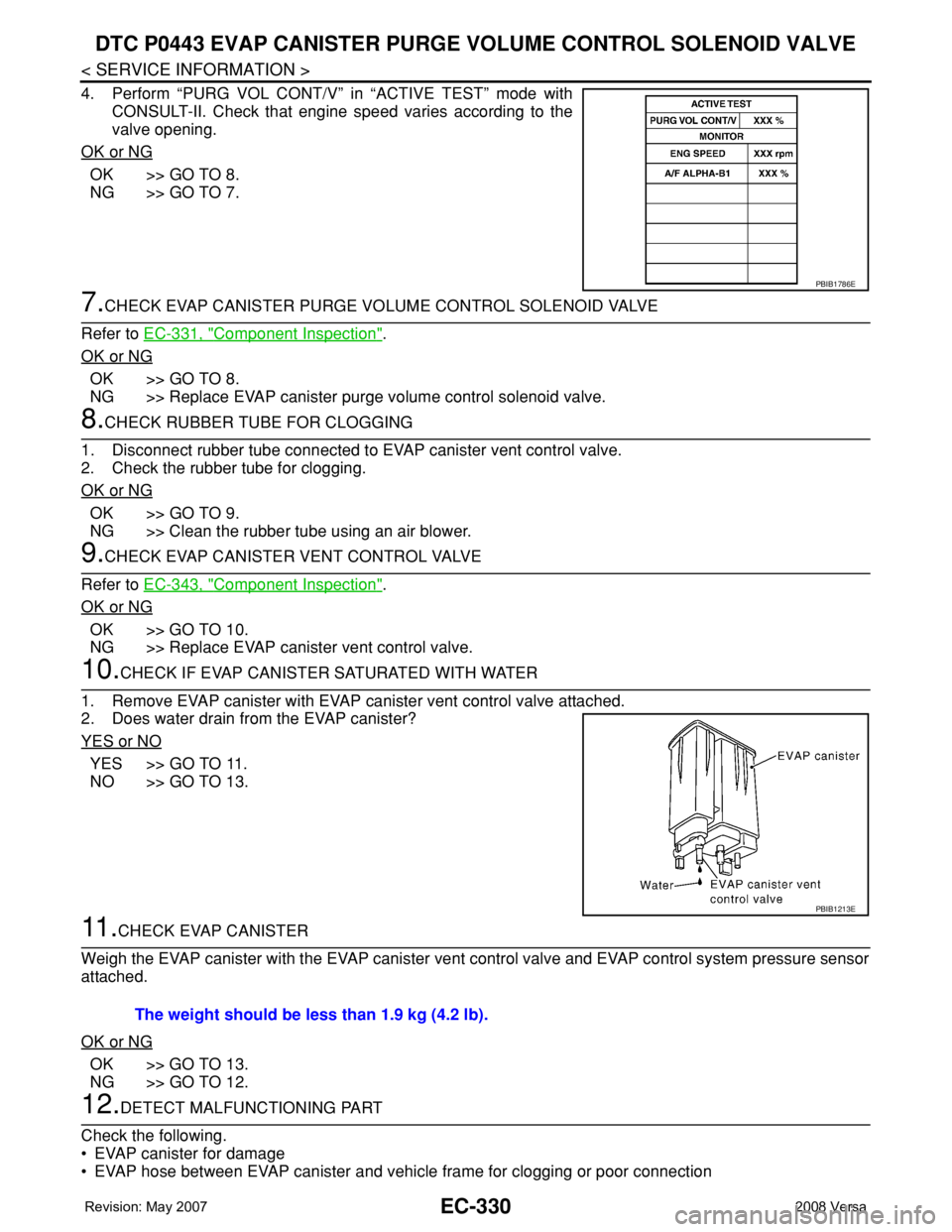 NISSAN LATIO 2008 Service Repair Manual EC-330
< SERVICE INFORMATION >
DTC P0443 EVAP CANISTER PURGE VOLUME CONTROL SOLENOID VALVE
4. Perform “PURG VOL CONT/V” in “ACTIVE TEST” mode with
CONSULT-II. Check that engine speed varies ac NISSAN LATIO 2008 Service Repair Manual EC-330
< SERVICE INFORMATION >
DTC P0443 EVAP CANISTER PURGE VOLUME CONTROL SOLENOID VALVE
4. Perform “PURG VOL CONT/V” in “ACTIVE TEST” mode with
CONSULT-II. Check that engine speed varies ac