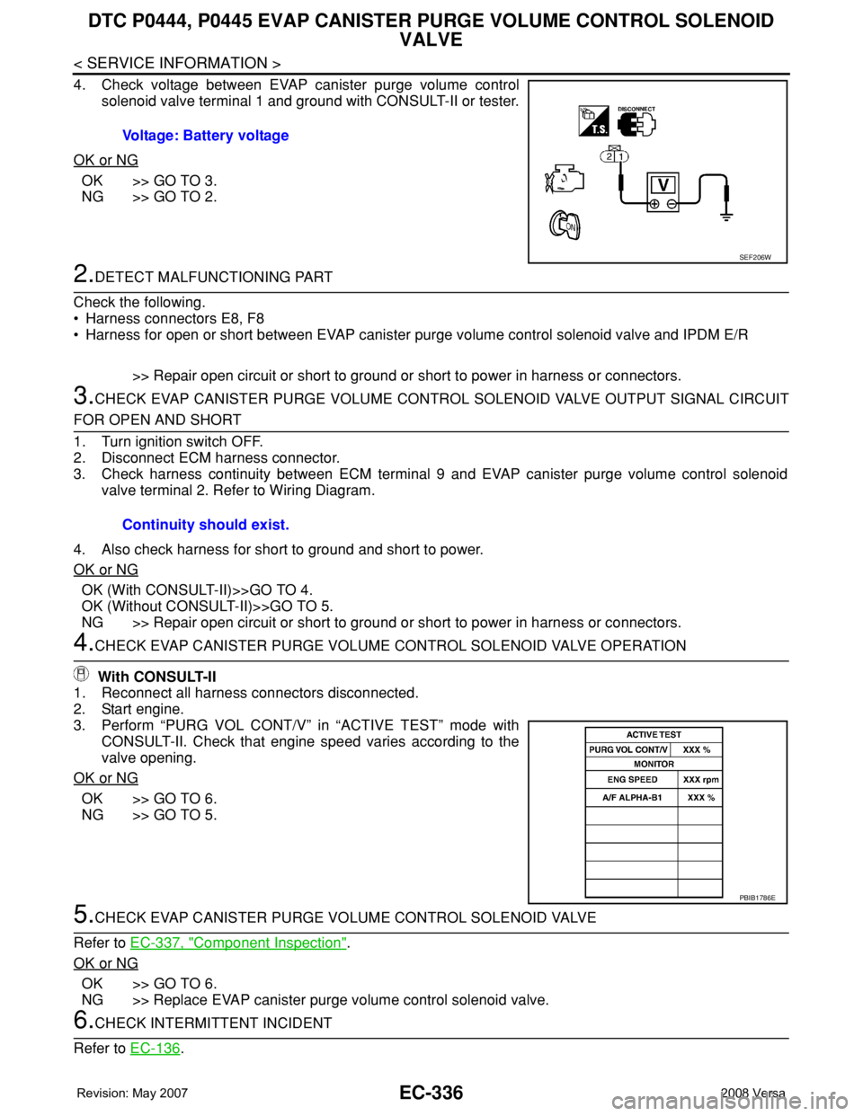 NISSAN LATIO 2008 Service Repair Manual EC-336
< SERVICE INFORMATION >
DTC P0444, P0445 EVAP CANISTER PURGE VOLUME CONTROL SOLENOID
VALVE
4. Check voltage between EVAP canister purge volume control
solenoid valve terminal 1 and ground with NISSAN LATIO 2008 Service Repair Manual EC-336
< SERVICE INFORMATION >
DTC P0444, P0445 EVAP CANISTER PURGE VOLUME CONTROL SOLENOID
VALVE
4. Check voltage between EVAP canister purge volume control
solenoid valve terminal 1 and ground with