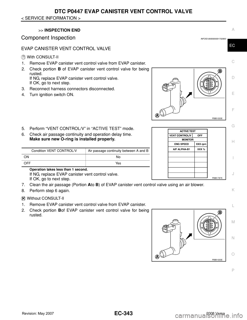 NISSAN LATIO 2008 Service Repair Manual DTC P0447 EVAP CANISTER VENT CONTROL VALVE
EC-343
< SERVICE INFORMATION >
C
D
E
F
G
H
I
J
K
L
MA
EC
N
P O
>>INSPECTION END
Component InspectionINFOID:0000000001702850
EVAP CANISTER VENT CONTROL VALVE
NISSAN LATIO 2008 Service Repair Manual DTC P0447 EVAP CANISTER VENT CONTROL VALVE
EC-343
< SERVICE INFORMATION >
C
D
E
F
G
H
I
J
K
L
MA
EC
N
P O
>>INSPECTION END
Component InspectionINFOID:0000000001702850
EVAP CANISTER VENT CONTROL VALVE
