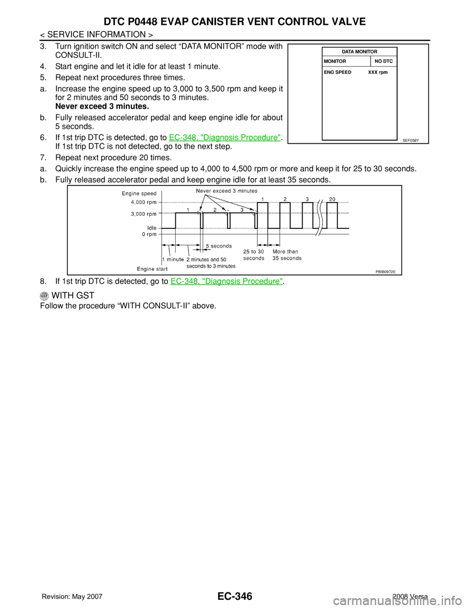 NISSAN LATIO 2008  Service Repair Manual EC-346
< SERVICE INFORMATION >
DTC P0448 EVAP CANISTER VENT CONTROL VALVE
3. Turn ignition switch ON and select “DATA MONITOR” mode with
CONSULT-II.
4. Start engine and let it idle for at least 1 