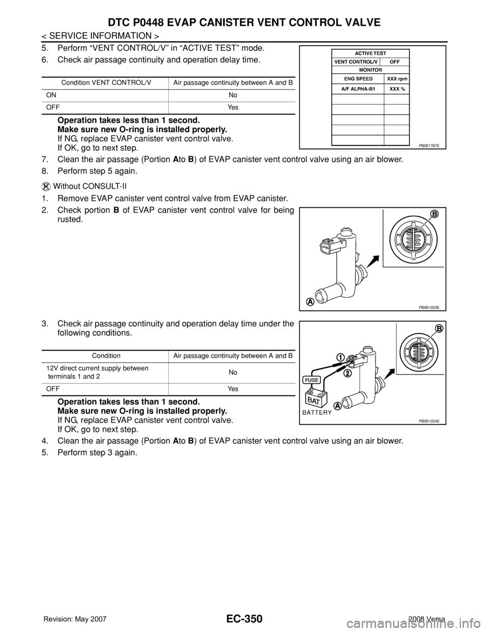 NISSAN LATIO 2008 Service Repair Manual EC-350
< SERVICE INFORMATION >
DTC P0448 EVAP CANISTER VENT CONTROL VALVE
5. Perform “VENT CONTROL/V” in “ACTIVE TEST” mode.
6. Check air passage continuity and operation delay time.
Operation NISSAN LATIO 2008 Service Repair Manual EC-350
< SERVICE INFORMATION >
DTC P0448 EVAP CANISTER VENT CONTROL VALVE
5. Perform “VENT CONTROL/V” in “ACTIVE TEST” mode.
6. Check air passage continuity and operation delay time.
Operation