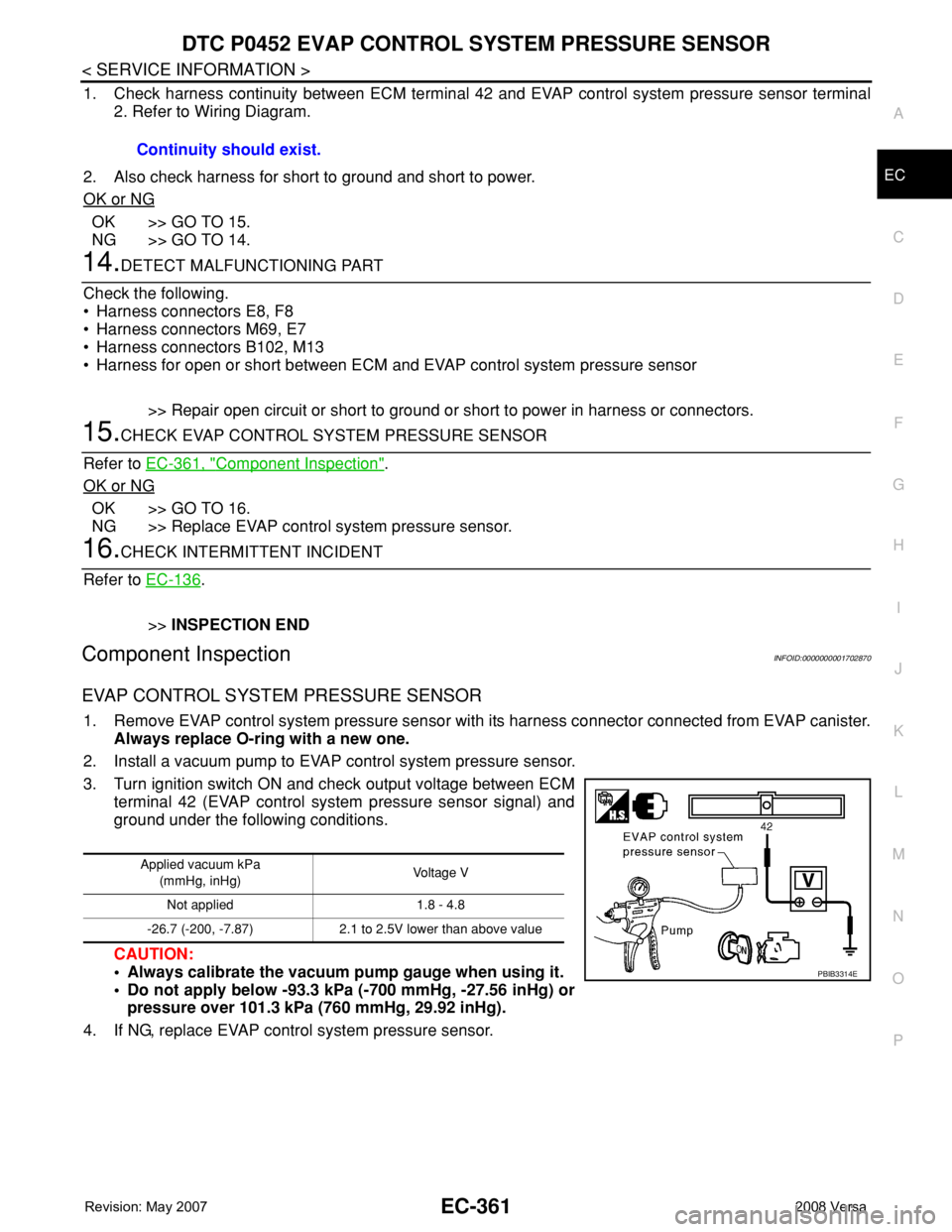 NISSAN LATIO 2008 Service Repair Manual DTC P0452 EVAP CONTROL SYSTEM PRESSURE SENSOR
EC-361
< SERVICE INFORMATION >
C
D
E
F
G
H
I
J
K
L
MA
EC
N
P O
1. Check harness continuity between ECM terminal 42 and EVAP control system pressure sensor NISSAN LATIO 2008 Service Repair Manual DTC P0452 EVAP CONTROL SYSTEM PRESSURE SENSOR
EC-361
< SERVICE INFORMATION >
C
D
E
F
G
H
I
J
K
L
MA
EC
N
P O
1. Check harness continuity between ECM terminal 42 and EVAP control system pressure sensor