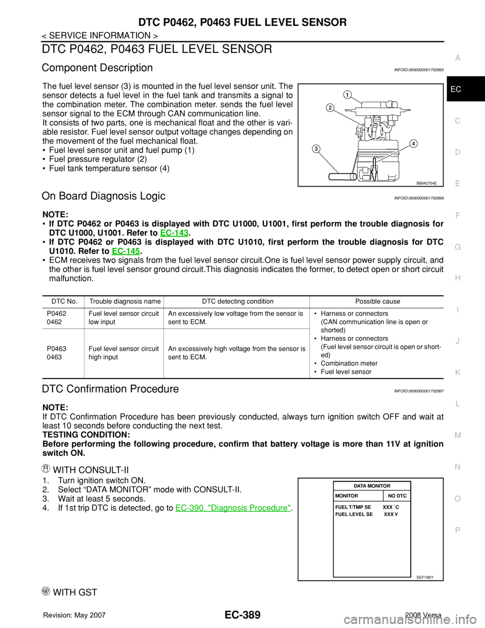 NISSAN LATIO 2008 Service Repair Manual DTC P0462, P0463 FUEL LEVEL SENSOR
EC-389
< SERVICE INFORMATION >
C
D
E
F
G
H
I
J
K
L
MA
EC
N
P O
DTC P0462, P0463 FUEL LEVEL SENSOR
Component DescriptionINFOID:0000000001702895
The fuel level sensor NISSAN LATIO 2008 Service Repair Manual DTC P0462, P0463 FUEL LEVEL SENSOR
EC-389
< SERVICE INFORMATION >
C
D
E
F
G
H
I
J
K
L
MA
EC
N
P O
DTC P0462, P0463 FUEL LEVEL SENSOR
Component DescriptionINFOID:0000000001702895
The fuel level sensor